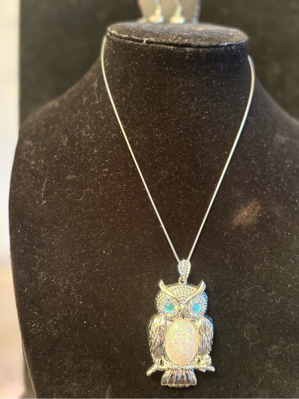Silver Owl Pendant Necklace with Iridescent Opal and Blue Accents